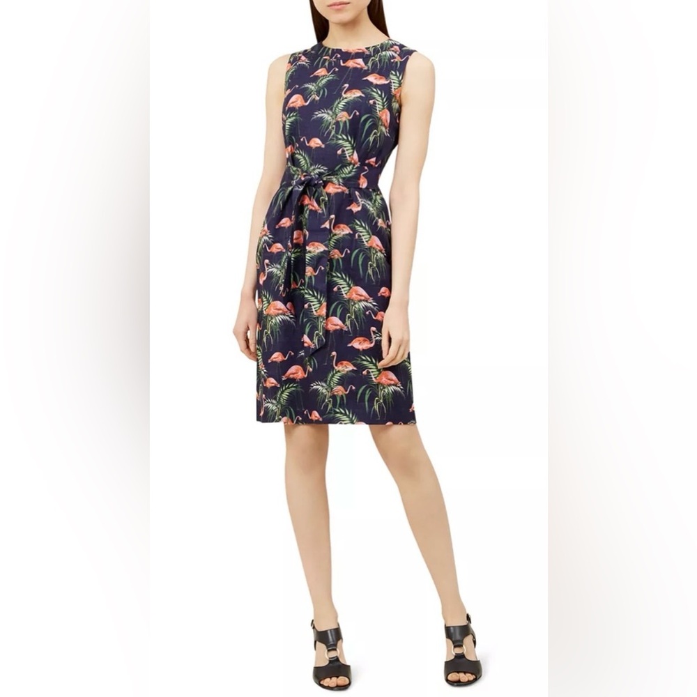 NWT Hobbs Navy ‘Amalfi’ 100% Linen Flamingo Print Sleeveless Dress, Size 8
